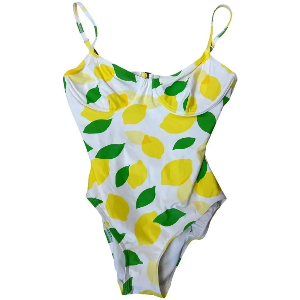 Kate Spade Yellow Ivory Lemon Print One Piece Swimsuit Women's Size M NWT